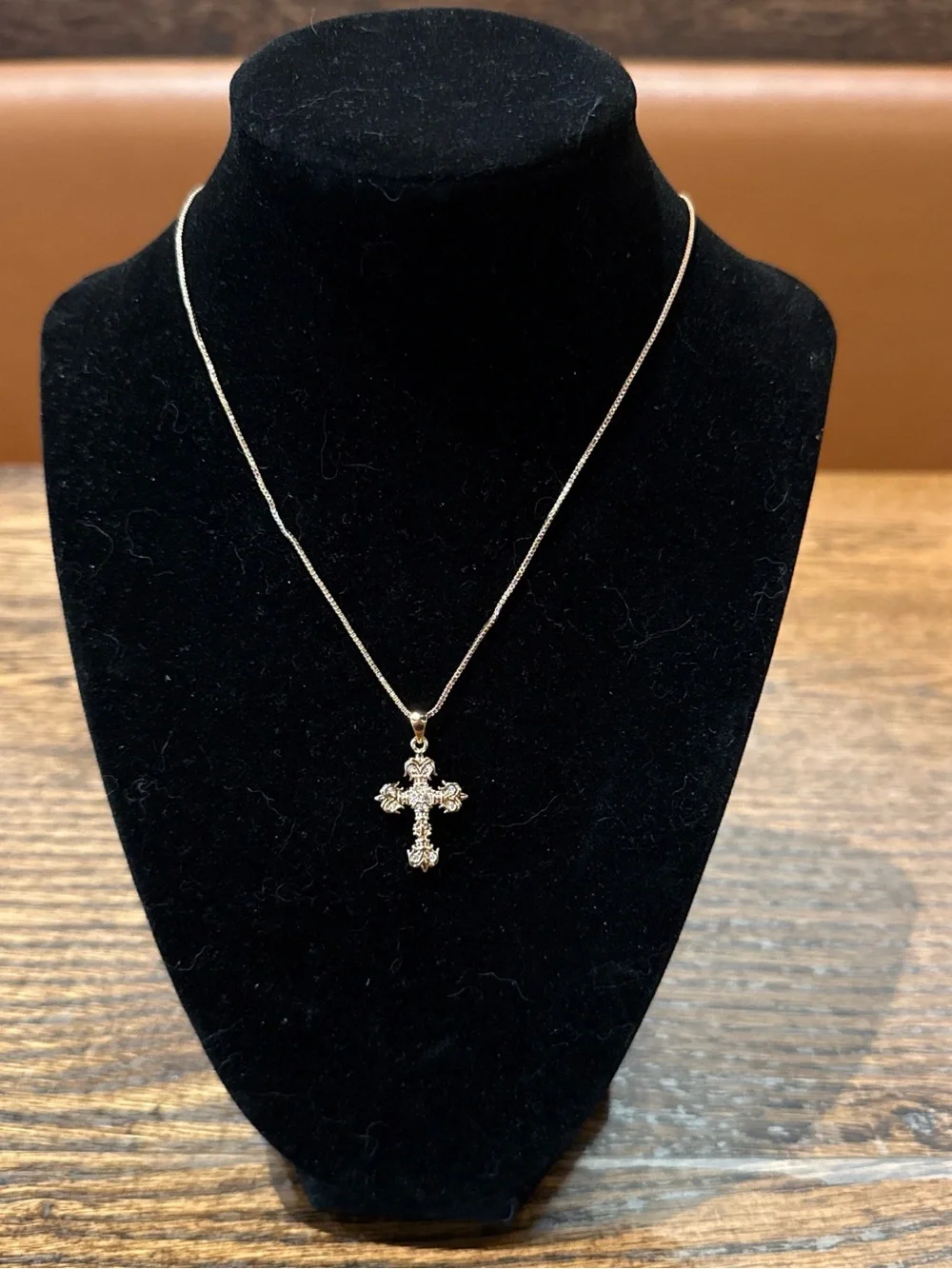 Gold Cross Pendant Necklace with Clear Crystal Accents